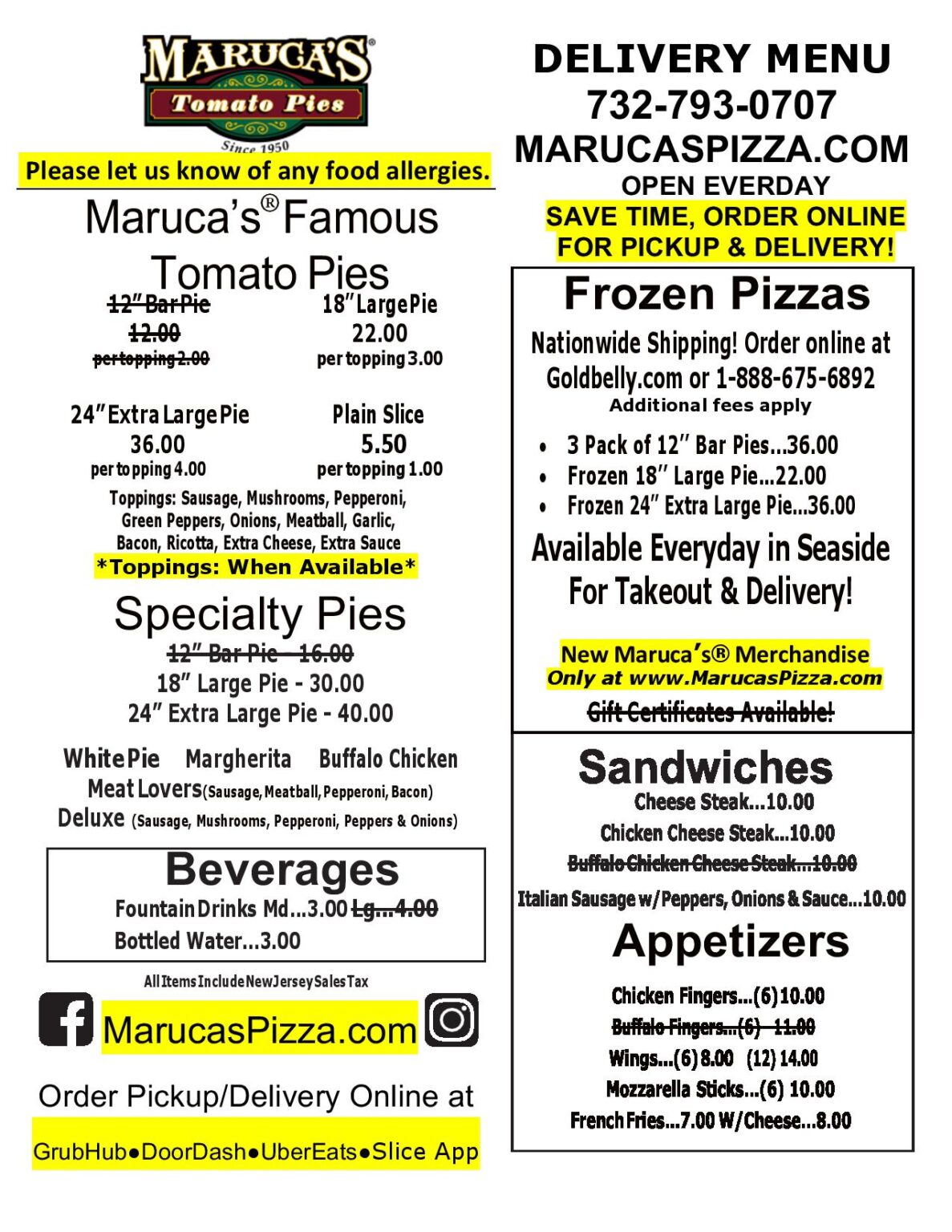 DELIVERY MENU Maruca's ® Tomato Pies Maruca's ® Pizza